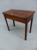 A GEORGE III MAHOGANY TEA TABLE, THE RECTANGULAR TOP OPENING ON SINGLE GATE, THE TAPERING LEGS OF