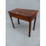 A GEORGE III MAHOGANY TEA TABLE, THE RECTANGULAR TOP OPENING ON SINGLE GATE, THE TAPERING LEGS OF