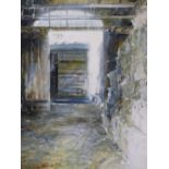 MICHAEL SCHREIBER (b. 1949). ARR. THE PASSAGEWAY. OIL ON CANVAS, SIGNED. 120 x 90cms.