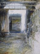 MICHAEL SCHREIBER (b. 1949). ARR. THE PASSAGEWAY. OIL ON CANVAS, SIGNED. 120 x 90cms.