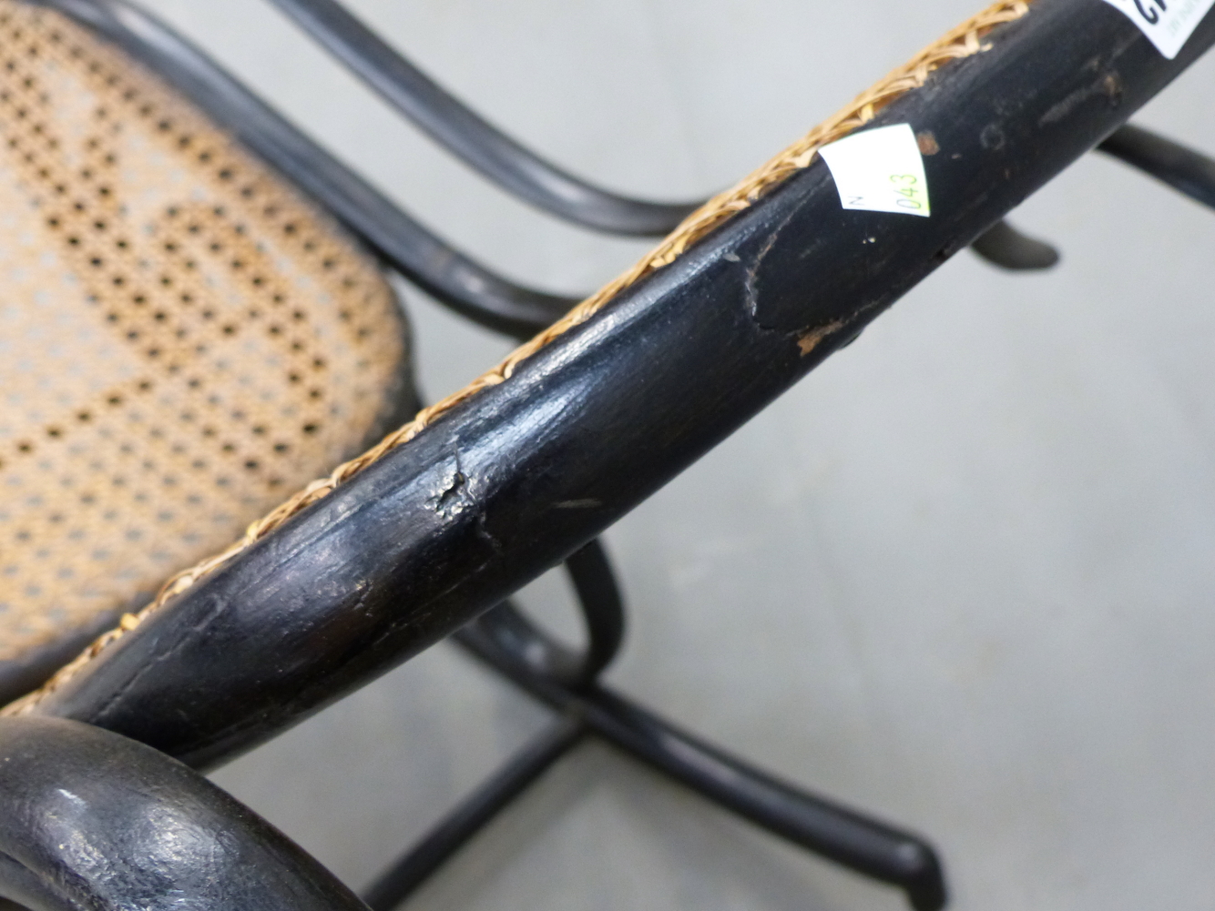 A THONET STYLE EBONISED BENT WOOD ROCKING CHAIR WITH CANED BACK AND SEAT - Image 11 of 15