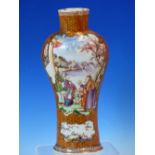 A CHINESE EXPORT COMPRESSED BALUSTER VASE PAINTED WITH RESERVES OF FIGURES ON EACH SIDE, THE IRON
