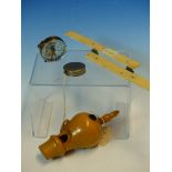 A TREEN CUCKOO WHISTLE, A BONE PARALLEL RULE, A COMPASS AND A CHESTERMAN METAL TAPE MEASURE