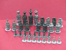 A PULPIT CHESS SET IN TWO TONES OF GREY METAL, THE KINGS. H 10.5cms.