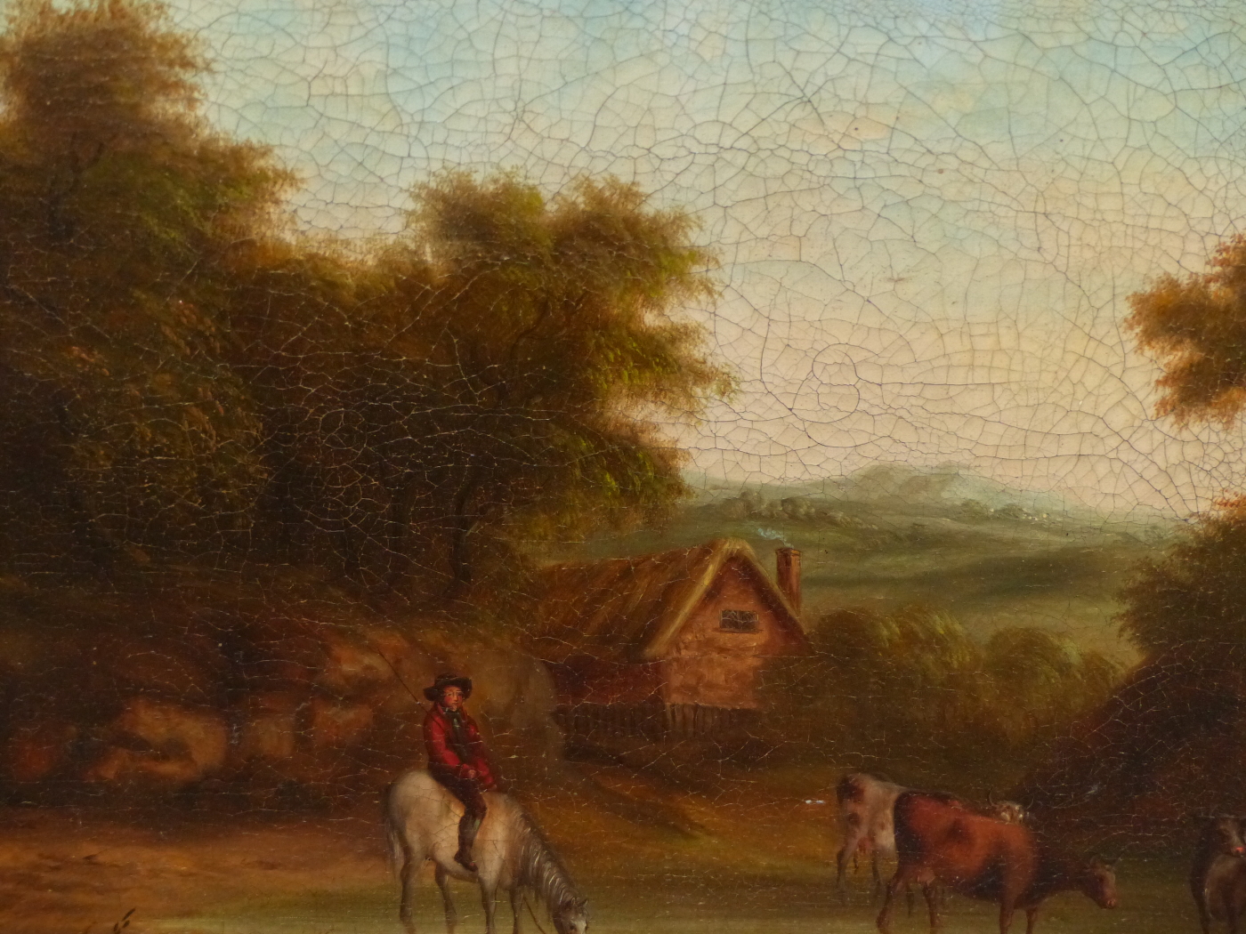 EARLY 19th.C. ENGLISH SCHOOL. CATTLE WATERING. OIL ON CANVAS. 40 x 51cms.