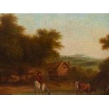 EARLY 19th.C. ENGLISH SCHOOL. CATTLE WATERING. OIL ON CANVAS. 40 x 51cms.