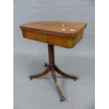 A REGENCY MAHOGANY SMALL FOLD OVER TEA TABLE ON SPIRAL TURNED COLUMN AND QUADRUPED SABRE LEGS. 61