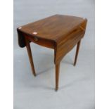 A 19th C. MAHOGANY PEMBROKE TABLE WITH A DRAWER TO ONE BOWED END, THE SERPENTINE EDGED FLAPS LINE