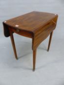 A 19th C. MAHOGANY PEMBROKE TABLE WITH A DRAWER TO ONE BOWED END, THE SERPENTINE EDGED FLAPS LINE