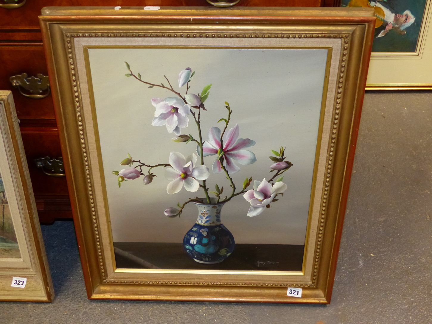 MARY BROWN (20th/21st.C.). SPRING BLOSSOM. OIL ON CANVAS, SIGNED, GALLERY LABEL VERSO. 51 x 41cms. - Image 6 of 7