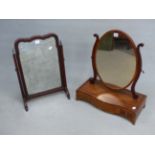 TWO ANTIQUE MAHOGANY DRESSING TABLE MIRRORS, ONE OF RECTANGULAR SHAPE, THE OTHER OVAL AND SUPPORTED