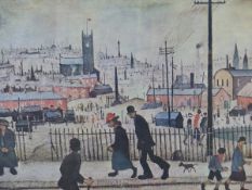 L.S. LOWRY (1887-1976). ARR. VIEW OF A TOWN. PENCIL SIGNED COLOUR PRINT. 47.5 x 59cms.