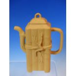 A YIXING BUFF POTTERY SQUARE SECTIONED TEA POT MODELLED AS A TIED BUNDLE OF BAMBOO, SEAL MARKS. H