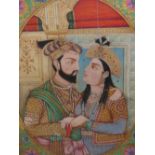 A LARGE 19th.C. INDIAN WATERCOLOUR. AN OVAL PORTRAIT OF ARISTOCRATIC LOVERS IN AN INTERIOR.