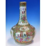 A CANTON BOTTLE VASE ON CARVED WOOD STAND, THE BOTTLE PAINTED WITH ALTERNATING FIGURE AND GARDEN