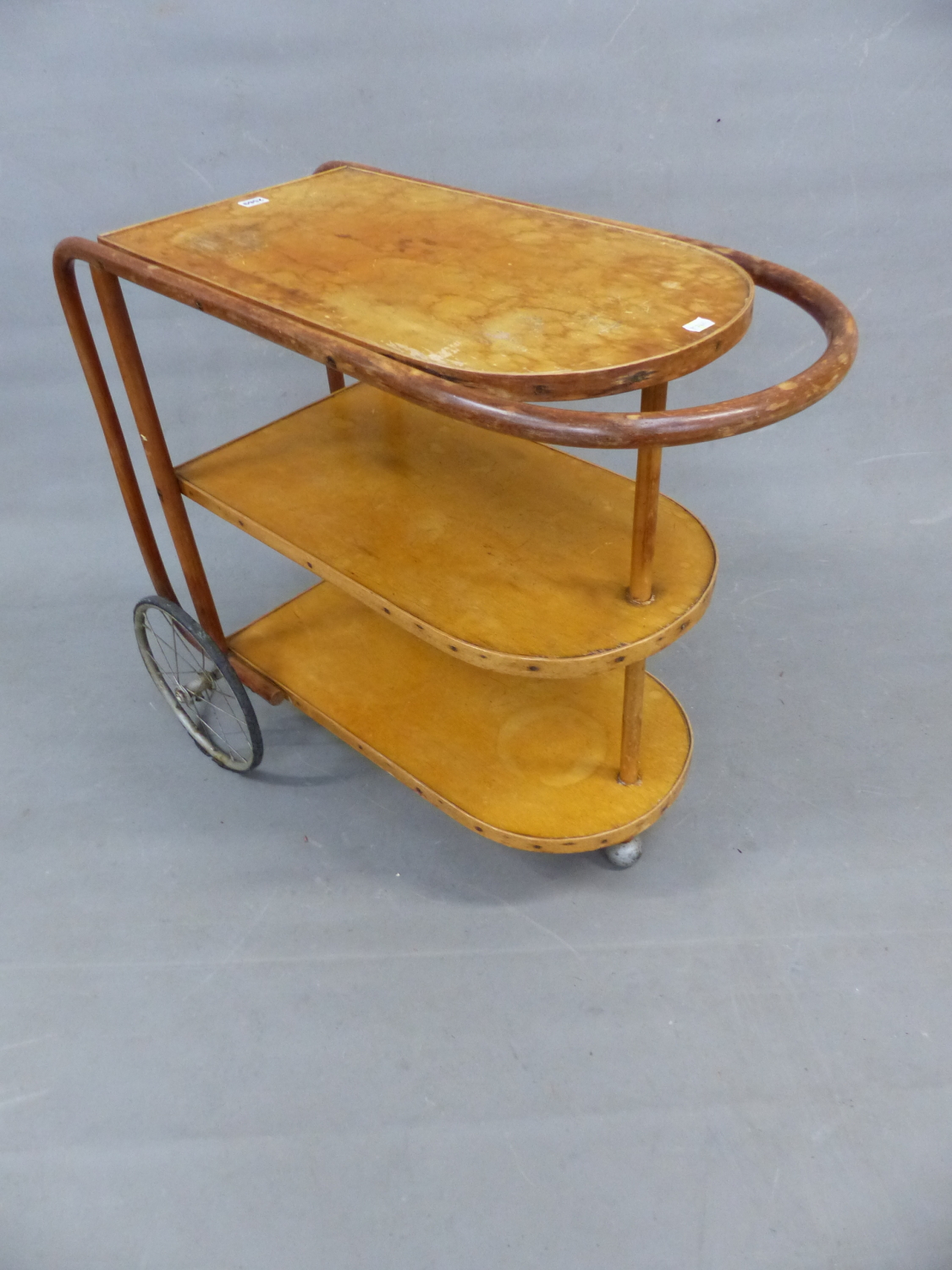 A THREE TIER TWO WHEEL TROLLEY WITH BENTWOOD SUPPORTS. W 88 x D 41 x H 77cms. - Image 7 of 9