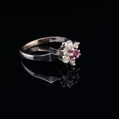 AN 18ct WHITE GOLD RUBY AND DIAMOND CLUSTER RING. THE RUBY A ROUND CUT IN A SIX CLAW SETTING