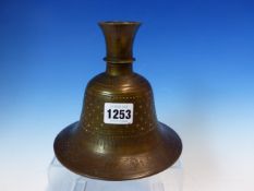 A 19th C. INDIAN BRASS HOOKAH PIPE BASE, THE BELL SHAPE WORKED WITH CHEVRONS, STIPPLES AND OTHER