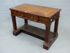 A 19th C. MAHOGANY WRITING TABLE, THE LEATHER INSET RECTANGULAR TOP WITH APRON DRAWER, THE FLUTED