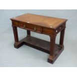 A 19th C. MAHOGANY WRITING TABLE, THE LEATHER INSET RECTANGULAR TOP WITH APRON DRAWER, THE FLUTED
