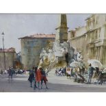 DENNIS PAGE (b. 1926). ARR. PIAZZA NAVONA, ROME. WATERCOLOUR, SIGNED. GALLERY LABEL VERSO. 35 x