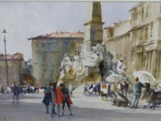 DENNIS PAGE (b. 1926). ARR. PIAZZA NAVONA, ROME. WATERCOLOUR, SIGNED. GALLERY LABEL VERSO. 35 x