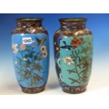 TWO SIMILAR JAPANESE CLOISONNE VASES WORKED WITH RESERVES OF BIRDS AND FLOWERS, THE TALLER. H