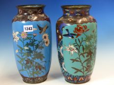 TWO SIMILAR JAPANESE CLOISONNE VASES WORKED WITH RESERVES OF BIRDS AND FLOWERS, THE TALLER. H