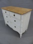 A PARTIALLY PAINTED PINE CHEST OF TWO SHORT AND TWO LONG DRAWERS ABOVE A WAVY APRON AND BETWEEN