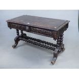 A 19th C. OAK WRITING TABLE, THE EDGES OF THE RECTANGULAR PLANK TOP CARVED WITH HALF ROUND FLOWER