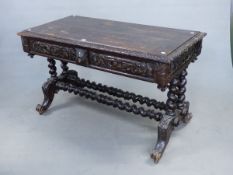 A 19th C. OAK WRITING TABLE, THE EDGES OF THE RECTANGULAR PLANK TOP CARVED WITH HALF ROUND FLOWER