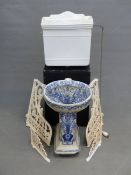 THE FLOOD WASHDOWN BLUE AND WHITE VINTAGE CERAMIC LOO PRINTED WITH FLOWERS, WITH A CISTERN, IRON MO