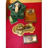 A COLLECTION OF FOUR MARITIME ITEMS, TO INCLUDE: A SILVER ANCHOR ON OAK PAPER CLAMP, ANOTHER IN