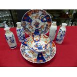 FOUR JAPANESE IMARI WARES, TO INCLUDE: TWO DISHES, A BOWL AND A FUKUGAWA VASE. H 18.5cms. TOGETHER