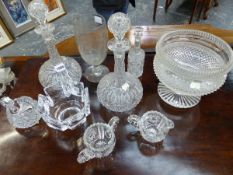 A COLLECTION OF CUT GLASS, TO INCLUDE: A PAIR OF GLOBE AND SHAFT DECANTERS, TWO JUGS, AN ORREFORS