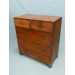 A BRASS BOUND 19TH CENTURY TEAK CAMPAIGN CHEST OF TWO SHORT AND THREE LONG DRAWERS ON BUN FEET. W 97