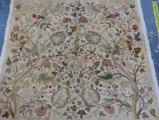 A FINE ARTS AND CRAFTS CREWEL WORK PANEL. ELABORATE SCROLLING FOLIATE DECORATION WITH PARROTS. 135 x