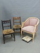 A MODERN EMPIRE STYLE BEECH SHOW FRAME TUB CHAIR THE BACK AND SEAT UPHOLSTERED IN PINK CORDUROY, THE