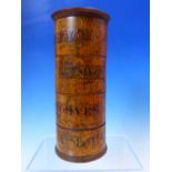 A MAUCHLINE FOUR COMPARTMENT SPICE TOWER AND COVER, LABELLED FOR ALL SPICE, NUTMEG, CLOVES AND MACE.