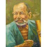 EARLY 20th.C. SOUTH EAST ASIAN SCHOOL. PORTRAIT OF AN ARTISAN. OIL ON CANVAS, SIGNED INDISTINCTLY.