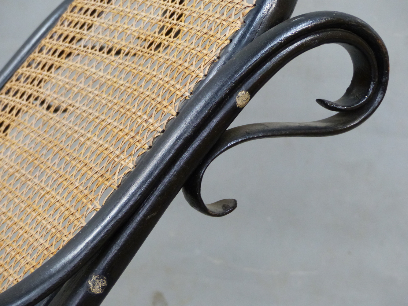 A THONET STYLE EBONISED BENT WOOD ROCKING CHAIR WITH CANED BACK AND SEAT - Image 9 of 15