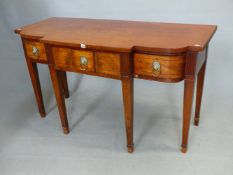 A 19th C. MAHOGANY SIDEBOARD, THE THREE DRAWERS TO THE BREAKFRONT LINE INLAID ABOUT LION MASK AND