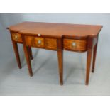 A 19th C. MAHOGANY SIDEBOARD, THE THREE DRAWERS TO THE BREAKFRONT LINE INLAID ABOUT LION MASK AND