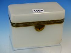 A 19th C. FRENCH MISTED WHITE GLASS SCENT BOTTLE BOX, THE CANTED RECTANGULAR LID WITH BRASS HINGES