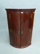 A 19th C. MAHOGANY BOW FRONT CORNER CUPBOARD, THE DOORS ENCLOSING FOUR BLACK PAINTED SHELVES. W 70 x