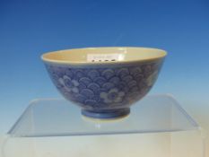 A CHINESE BOWL, THE LIGHT BLUE GROUND OF THE EXTERIOR PAINTED IN DARKER BLUE WITH CHERRY BLOSSOMS ON