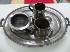 A PEWTER OVAL CHAFING PLATTER ON FOUR SCROLL FEET. W 70cms. THREE PEWTER VESSELS WITH ROWING REGATTA