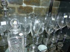 FIVE PART SETS OF DRINKING GLASS, OTHER DRINKING GLASS A MAGNUM DECANTER AND A SPIRIT DECANTER