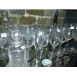 FIVE PART SETS OF DRINKING GLASS, OTHER DRINKING GLASS A MAGNUM DECANTER AND A SPIRIT DECANTER