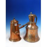 A COPPER CHOCOLATE POT WITH TURNED WOOD HANDLE AT RIGHT ANGLES TO THE SPOUT. H 28cms. TOGETHER